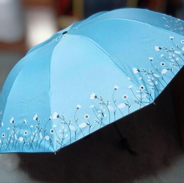 折りたたみ傘 ライトブルー 花 晴雨兼用 日傘 紫外線対策 コンパクト 韓国