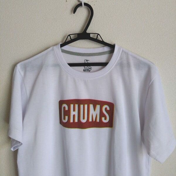 CHUMS ホワイト Tシャツ バック BOXロゴ 透湿 速乾 即乾 men's M 半袖 クルーネック