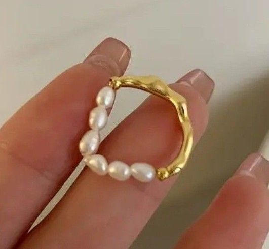 ②新品 大人 パール ゴールド 指輪 リング レディース チェーン 韓国 ヴィンテージ アクセサリーフリーサイズ