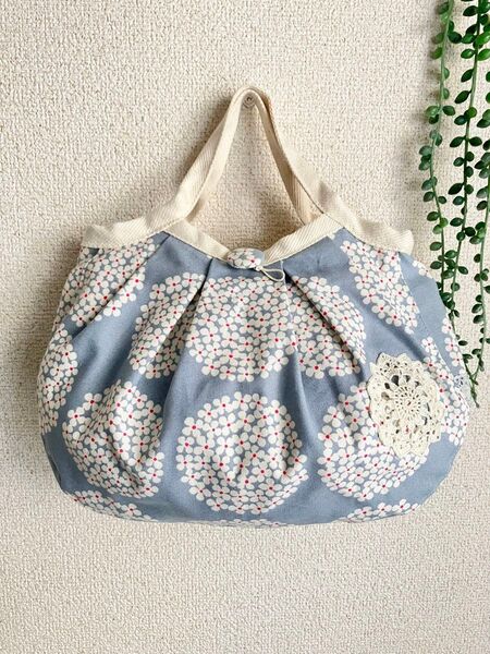 北欧サークルフラワーサックス&ドイリーレース*ミニグラニーバッグDカン付*ハンドメイド*