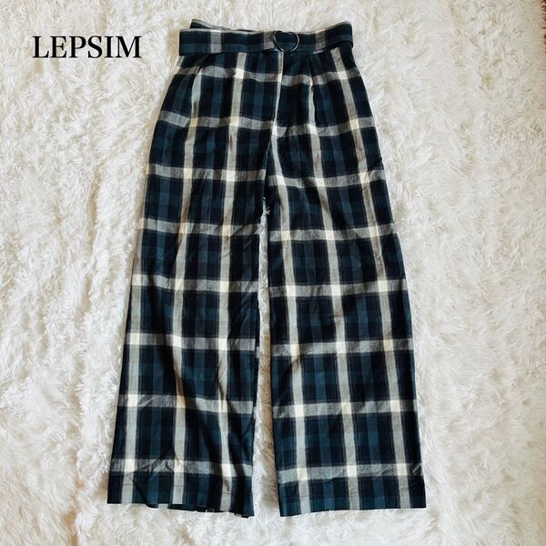 レプシィム LEPSIM チェック柄 ワイドパンツ リネン混 ハイウエスト カジュアルパンツ メンズライク ベルト付 Mサイズ