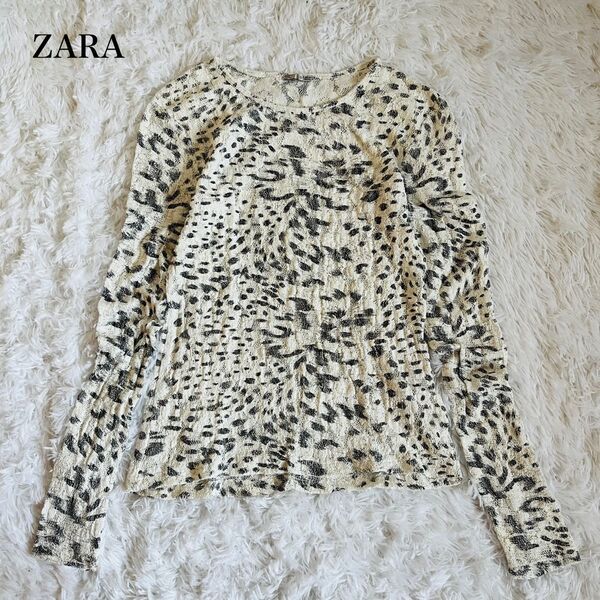 【USED】ザラ ZARA ヒョウ柄 透かし編み 長袖カットソー Tシャツ トップス 総柄 レオパード柄 ホワイト ブラック M