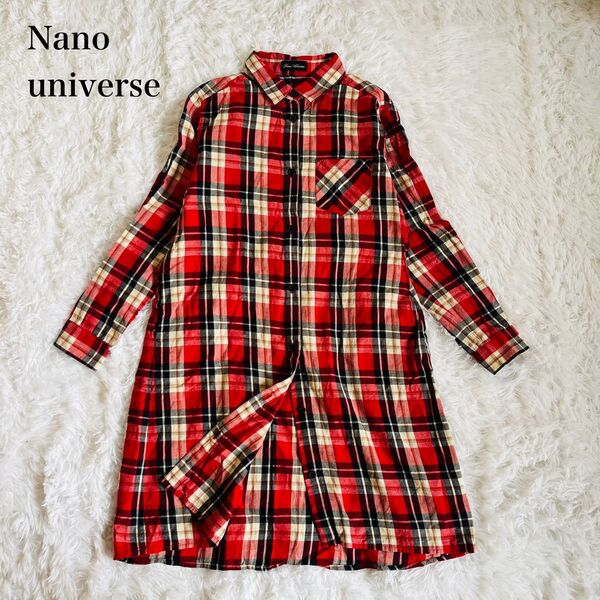 ナノユニバース Nano universe 長袖シャツワンピース チュニック チェック柄 レッド系 レディース 体型カバー M