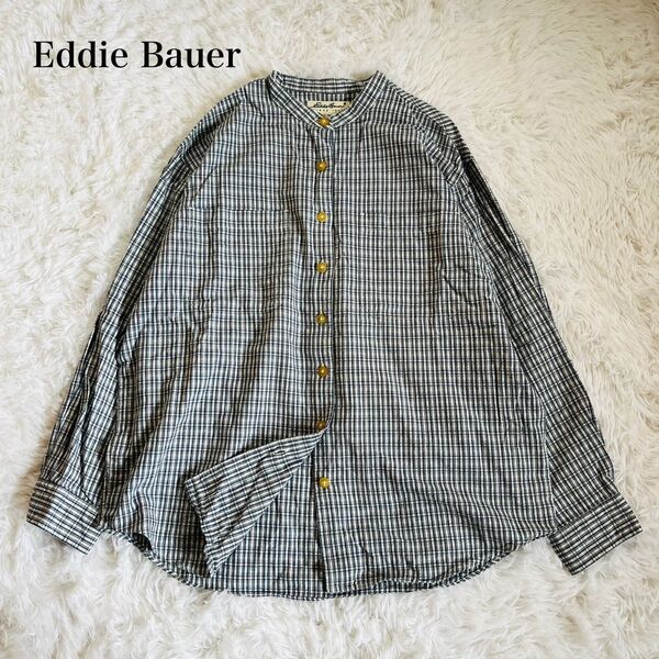エディーバウアー Eddie Bauer 長袖シャツ チェック柄 バンドカラー コットンシャツ Sサイズ