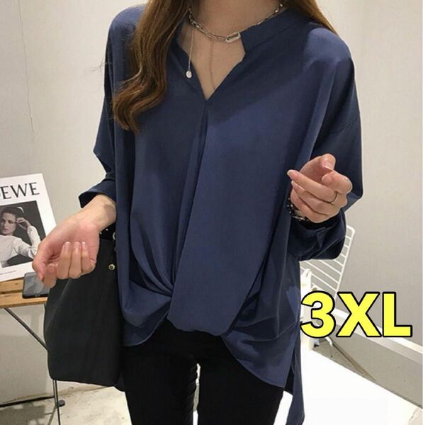 新品未使用 3XLタック入りゆったりVネックシャツブラウス 体型カバー ネイビー