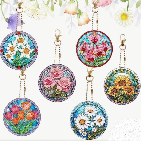 ダイヤモンドアート 6個セット キーホルダー 花々 ハンドメイド
