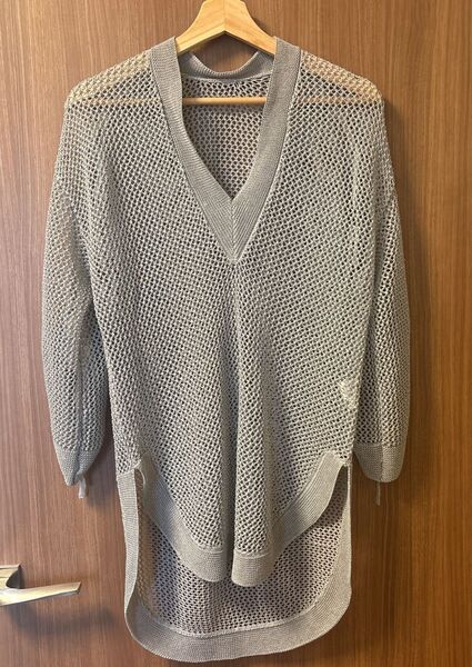 Vネック メッシュニット シルバー レディース