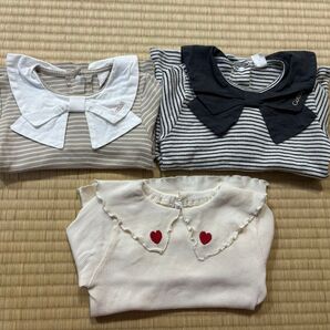 コトリcottoli ボーダー長袖3枚セット 90cm 襟付きハート リボン