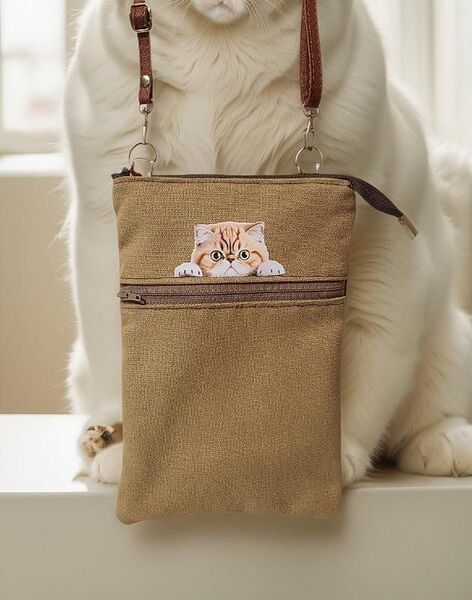 ハンドメイド Wファスナーポシェット ショルダーバッグ サコッシュ 猫柄 散歩 ポシェット 斜め掛け バッグ