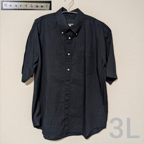 HeartSoul ストライプ ボタンダウンシャツ 3L 薄手 半袖 ブラック シャツ 半袖シャツ 大きいサイズ ビッグシルエット