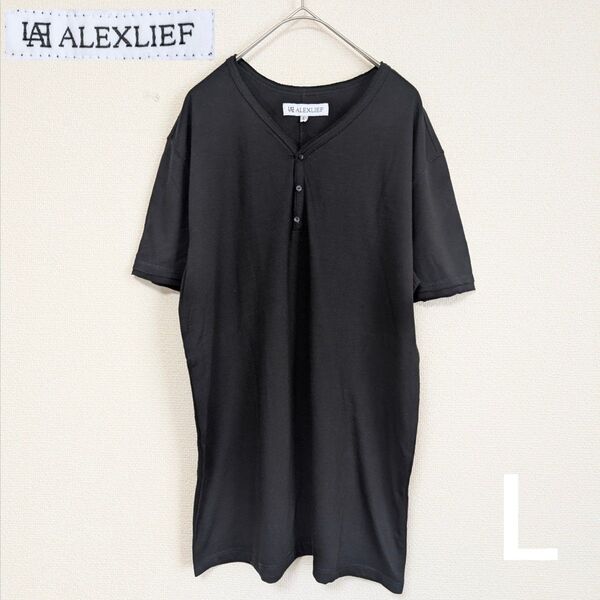 ALEXLIEF ブラック Tシャツ L ボタン アレックスリーフ 半袖 メンズ ヘンリーネック ブラック 半袖 Tシャツ 無地