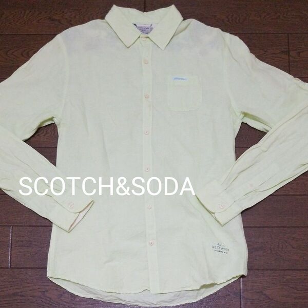 SCOTCH&SODA あと染め 綿麻素材 ロールアップ袖 カジュアルシャツ クリームグリーン系 M