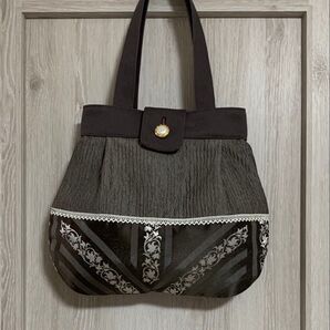 ハンドメイド グラニーバッグ No.35 茶色楊柳+白い花柄織り模様