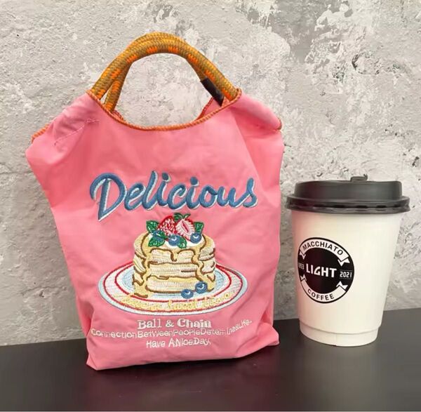 大人気 新品 刺繍 エコバッグ S トートバッグ 韓国 パンケーキ デザート ピンク ホットケーキ 刺繍