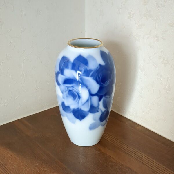 大倉陶園 OKURA ブルーローズ(8011) 15cm花器 花瓶 USED美品