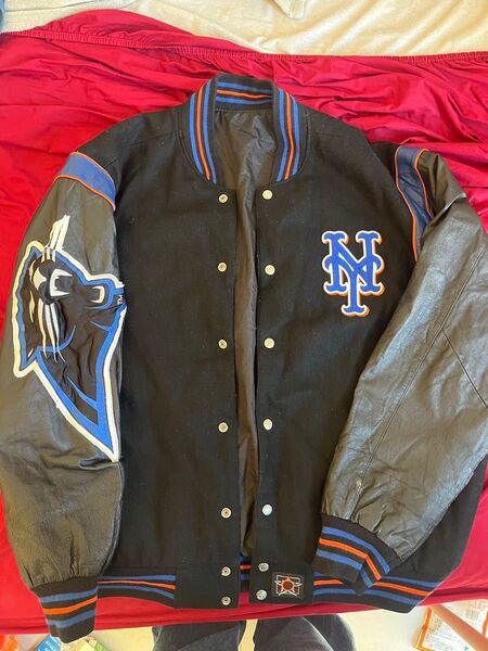 イギリス購入 New York Mets スタジャン MLB ブラック xl相当 ジャケット 古着 ビンテージ