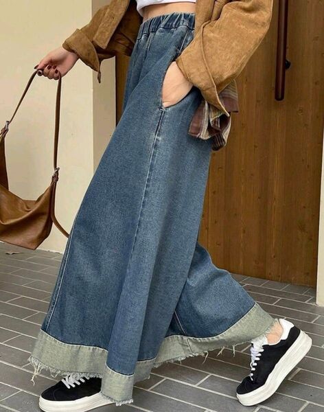 女性用 ワイドレッグジーンズ、弾性ウエスト、カジュアルでスタイリッシュ、デイリー着用向け