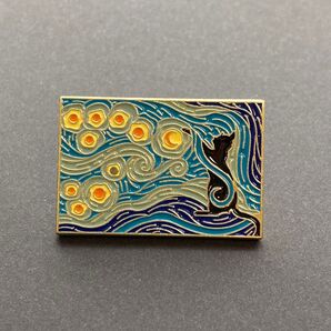 ピンバッジ ゴッホの絵画風 黒猫 夜空の星を捕まえたい黒猫 贈り物 簡易ラッピング付 レトロ クラッシック 帽子やバック ポーチに