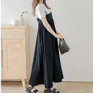 キャミソールワンピ ワンピース ロングワンピ マタニティ チェック柄 ノースリーブワンピース ブラック FREE