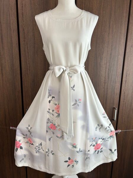 着物リメイク 訪問着 正絹 ノースリーブワンピース 花柄 フレア リボンベルト