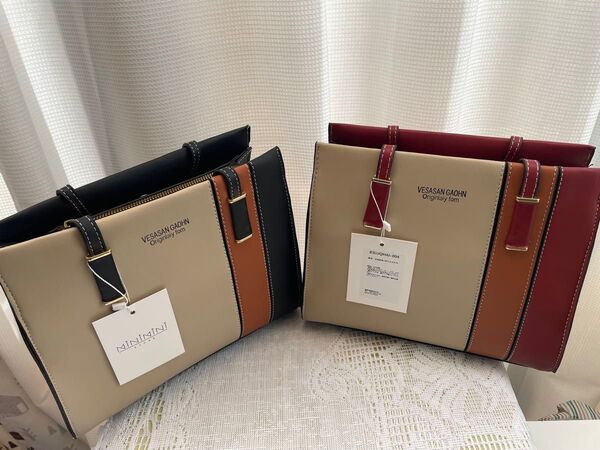 (新品) 配色ハンドバッグMiniministoreワインレッド ベージュセット