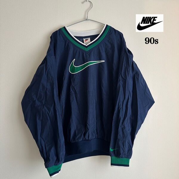 NIKE 90s 銀タグ ナイロンプルオーバー Vネック ビッグロゴワッペン 刺繍 ネイビー 紺色 緑 白タグ