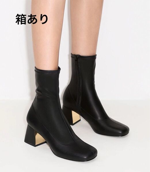 箱あり 完売 メタリック トラペーズヒールアンクルブーツ - ブラックショートブーツ チャールズアンドキース ゴールドヒール