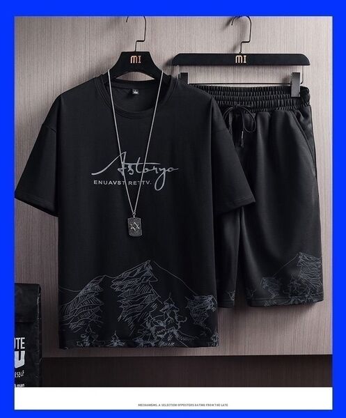 セットアップ ブラック 半袖半ズボン クール メンズ プリントTシャツ