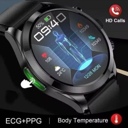 スマートウォッチ 血糖値 心電図 ECG+PPG 血圧/体温計 軍用規格 日本語対応 通話機能付き LIGE 新品 ブラック