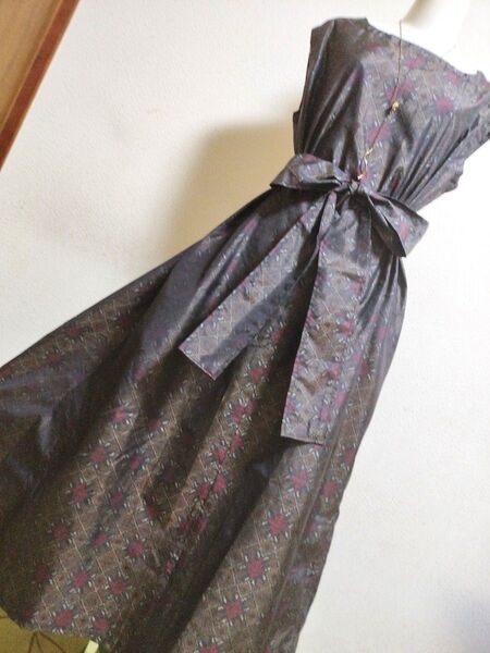 1585 着物リメイク☆大島紬Aラインロングワンピース
