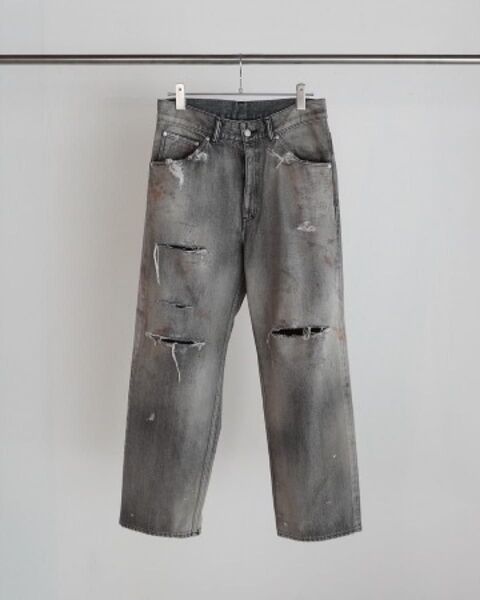 ANCELLM アンセルム CRASH SELVEDGE DENIM STRAIGHT 5P PANTS BLACK ダメージ