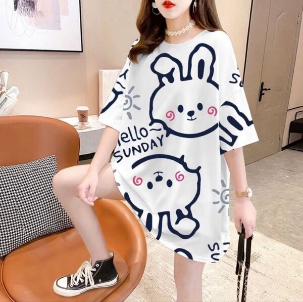 夏季 半袖おしゃれ チュニックTシャツ 可愛いうさぎ柄ネット販大人気