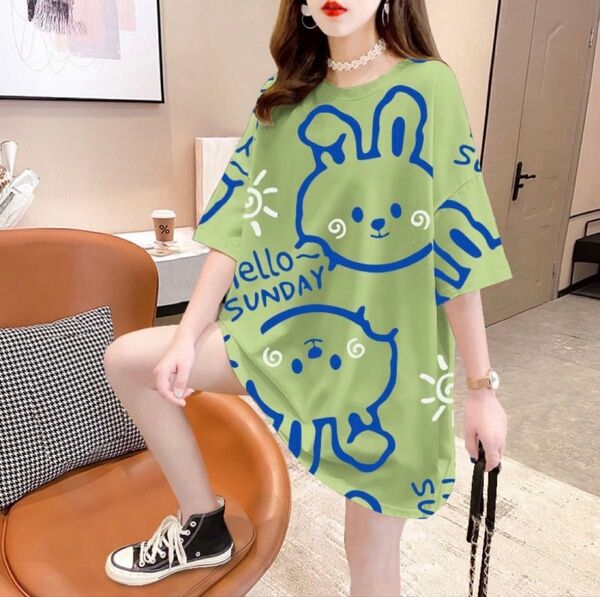 夏季半袖おしゃれ チュニックTシャツ 可愛いうさぎ柄ネット販大人気