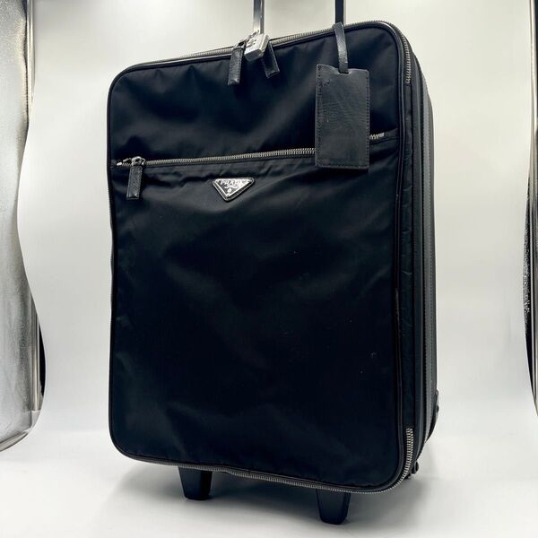 美品 PRADA キャリーケース 三角ロゴ ナイロン レザー ブラック 機内持込み可 ビジネス