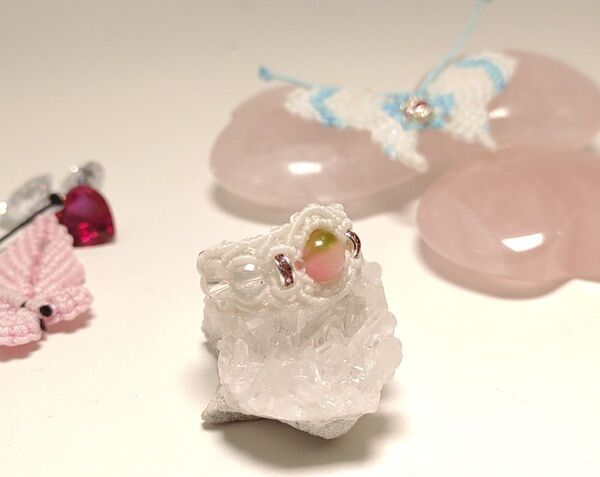 【ハンドメイド】ピーチカルセドニーマクラメリング約9号【天然石】