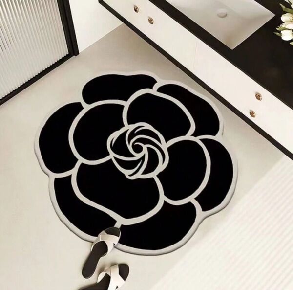 玄関・バスマット おしゃれカメリア 花柄 ブラック インテリアアクセントラグ 30×40cm★吸水速乾 防汚耐油 お手入れ簡単!