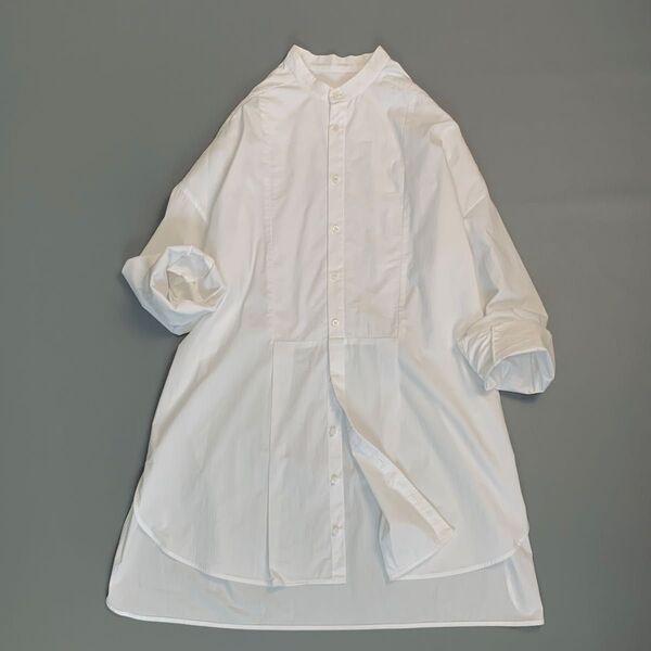 ENFOLD エンフォルド 長袖 ロングシャツ スタンドカラー タック スリット ホワイト M