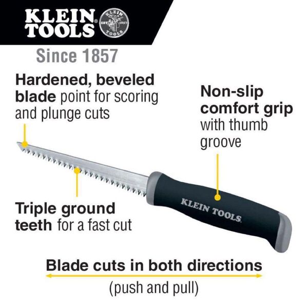 Klein Tools 725 ジャブソー 石膏ボード-ウォールボード-合板-プラスチック用 トリプルグラウンド歯 プッシュ