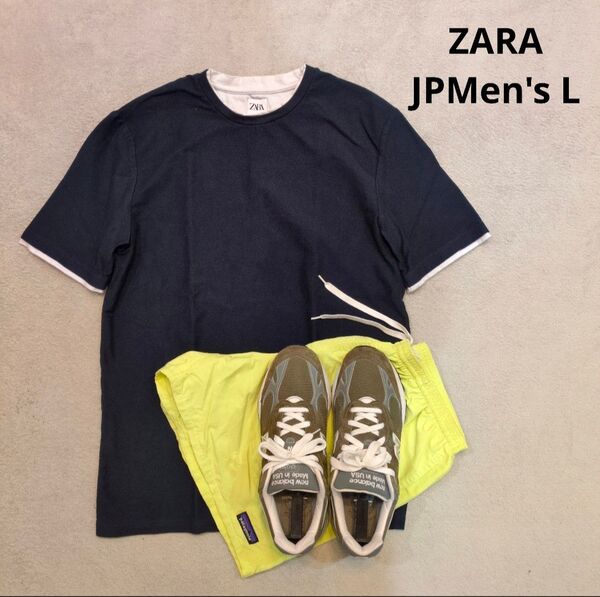 ZARA ザラ 重ね着風 無地 半袖Tシャツ 紺ネイビー JPメンズL