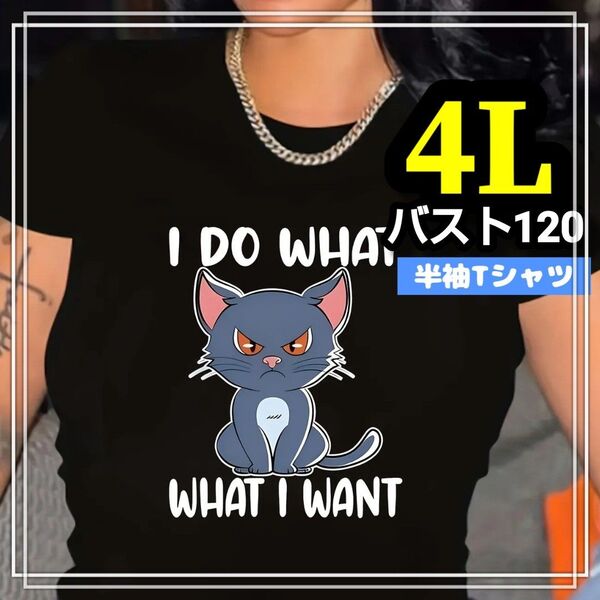 大きいサイズ レディース 半袖 Tシャツ ねこ イラスト ぽっちゃり オーバーサイズ 3L 4L プリント 黒 カジュアル