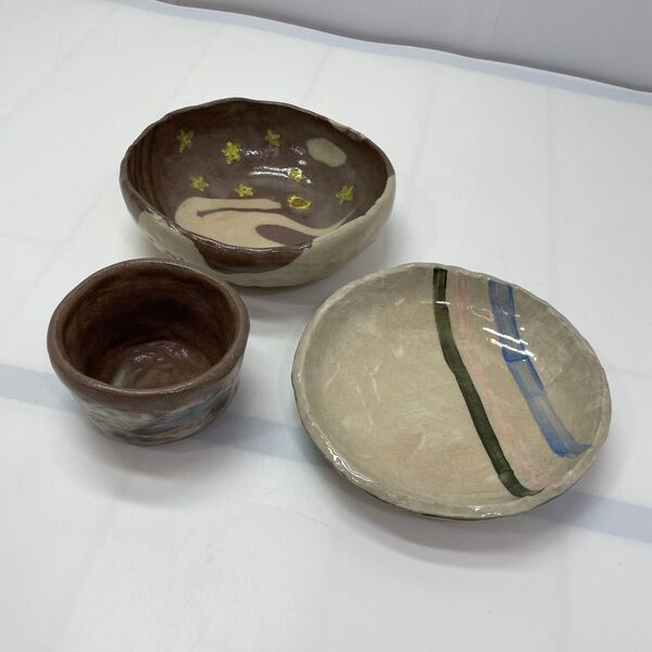 陶芸教室で作った作 ハンドメイド 素人 深鉢 中皿 小鉢セット 焼き物