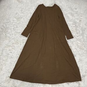 【美品】B:MING BEAMS ビームス サイズM クルーネック フレアワンピース 長袖 ライトブラウン系 コットン混 無地