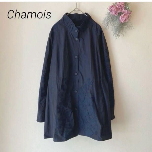 201【 Chamois 】レイン トレンチ コート ネイビー 花柄