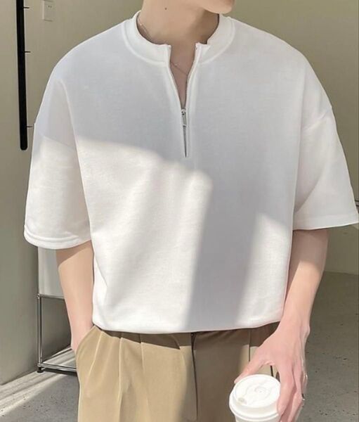 B.R.U ハーフジップスタンドカラーTシャツ メンズ ホワイト フリーサイズ ②