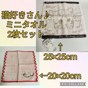 同梱150円引き 新品 猫好きさん ミニタオル タオルハンカチ 2枚セット 25×25 20×20 薄ピンク 赤 綿100%
