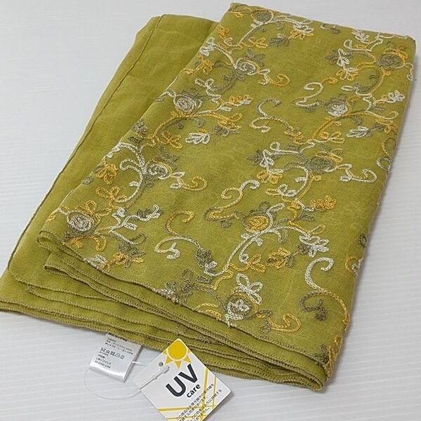 同梱150円引き 残1点 新品 UVカット 刺繍 ストール ライムグリーン 72×180cm 薄手 冷房対策 防寒 日焼け対策