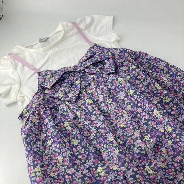 女の子 半袖 トップス Tシャツ 重ね着風 花柄 anyFAM 120
