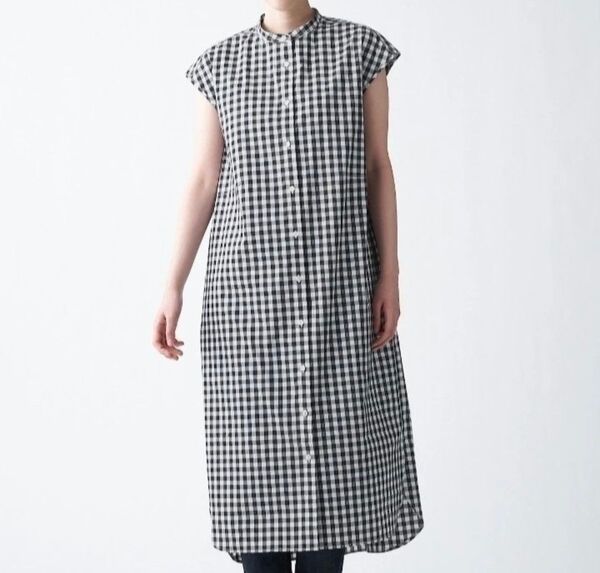 美品【無印良品】綿混ストレッチフレンチスリーブワンピース M