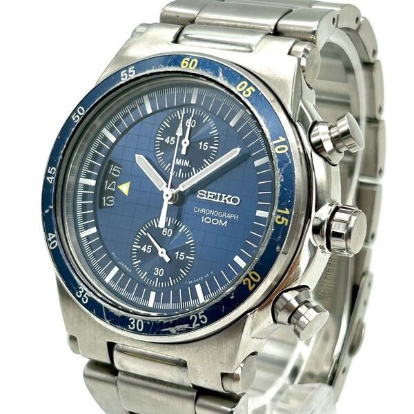 SEIKO セイコー クロノグラフ ブルーダイアル メンズウォッチ QZ 稼動