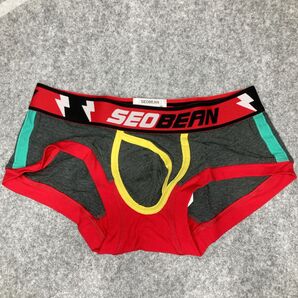 【SEOBEAN】ローライズ ボクサーパンツ 前閉じ ダークグレー レッド 雷モチーフ 横ライン Mサイズ